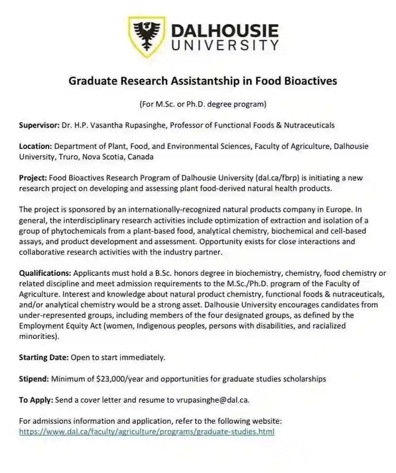 Dalhousie University Graduate Research Assistantship in Food Bioactive